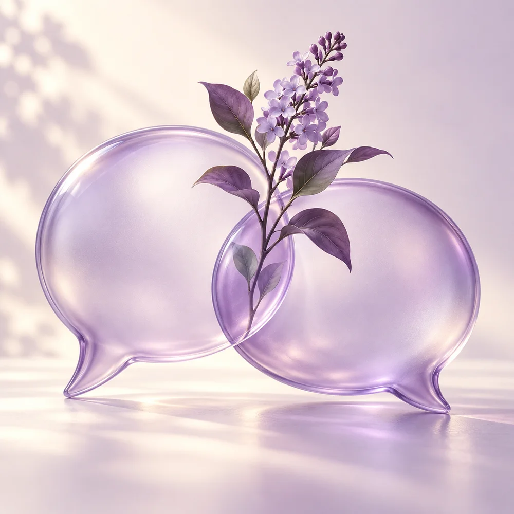 Translucent purple conversation bubbles with a flowering sprig between them, representing connection and hope.
